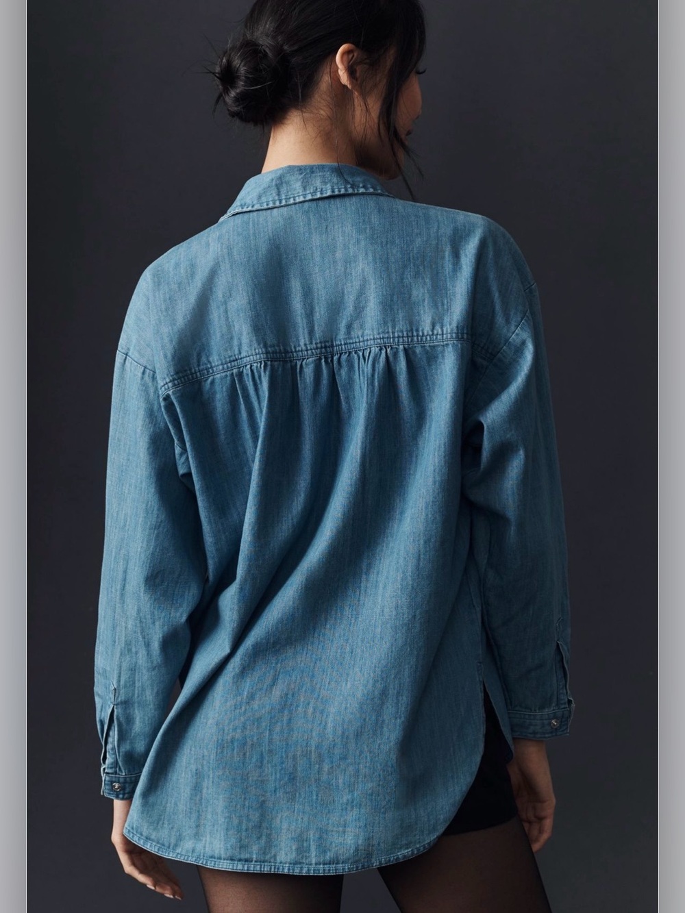 Anthropologie Pilcro Crystal-Embellished Denim button down Shirt oversized Blue - Picture 2 of 7